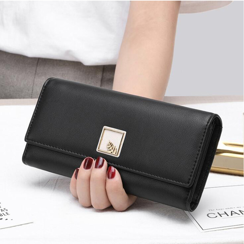 Mærke kvinder tegnebøger pu læder taske lang telefon tegnebog blade pose håndtaske til kvinder mønt pung kortholder kobling: Sort