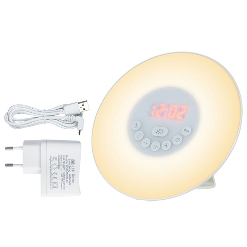 Wake Up Light Alarm Clock Sunrise/Sunset Simulation Digital Clock With Fm Radio 7 Colors Light Sounds Function Press Control