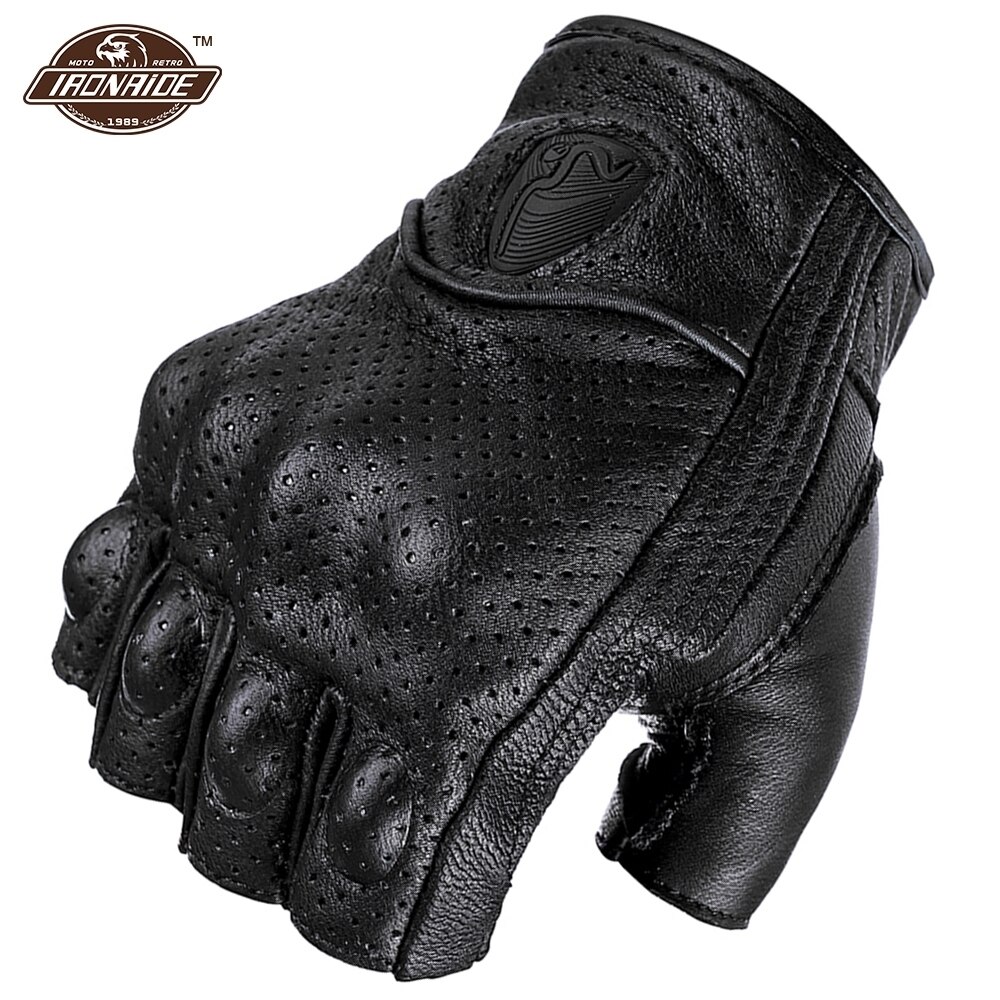 Breathable Fingerless Gloves Summer Motorcycle Gloves Sheepskin Motocross Gloves Retro Moto Motorbiker Guantes Moto: B04 Summer Gloves-BK / XL