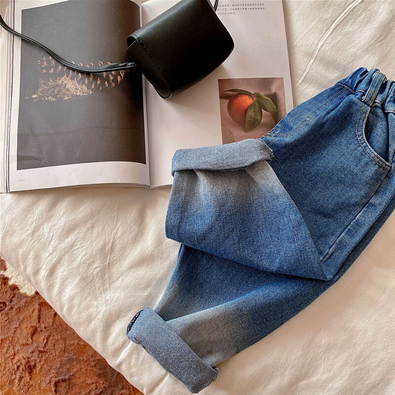 Jean de Style coréen pour garçons et filles, taille élastique, ample, pantalon en Denim, couleur dégradée, vêtements pour enfants, automne , E2800