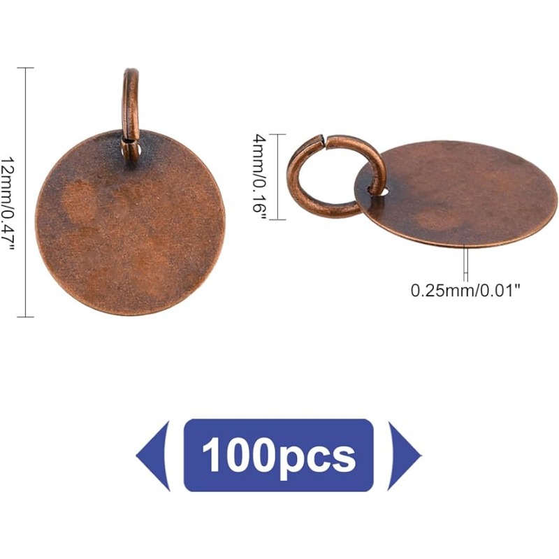 100 Stück Durcheinander-Stempel-Rohling-Schild-Reize, 12 mm, flach, rund, Metall-Stempel, Anhänger, goldene Rohlinge, Anhänger mit Biegering für Armbinde: Antikes Kupfer überzogen