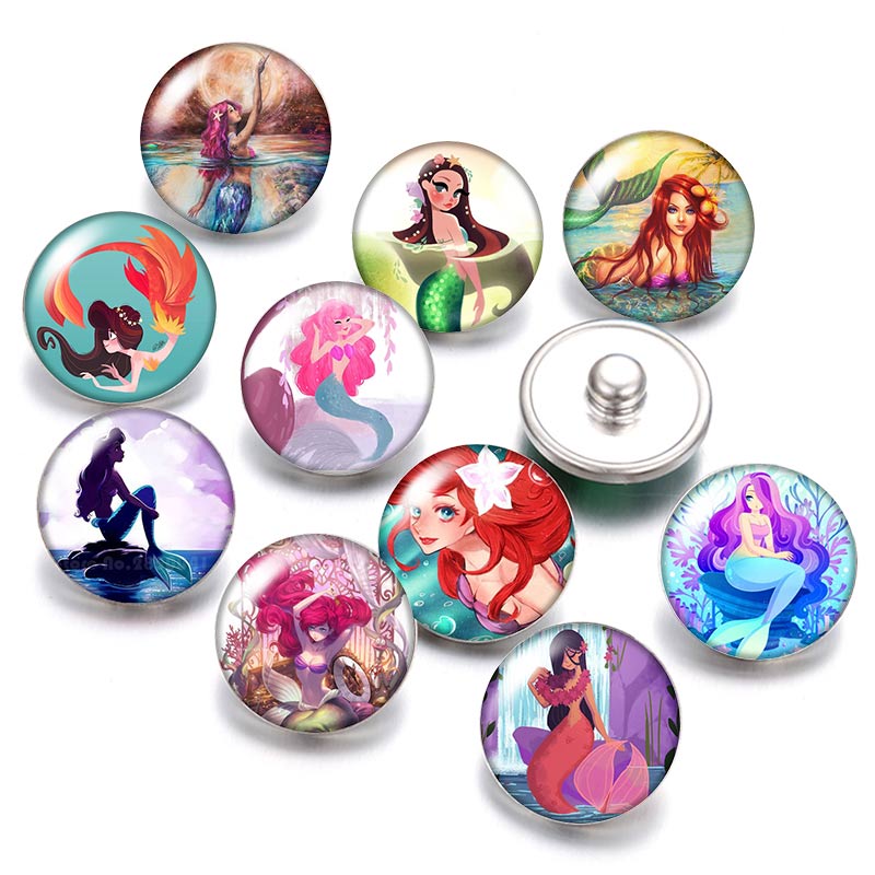 beauty Mermaid fish 18mm snap buttons 10pcs mixed round photo glass cabochon style for snap button jewelry