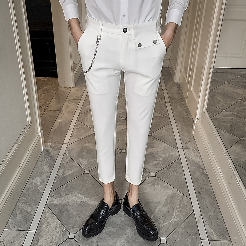 Kedja dekoration herr slim fit affärsklänning byxor fritidsbyxor byxor ankellängd formell bröllopsbyxa pantalon kostym: Vit / 33