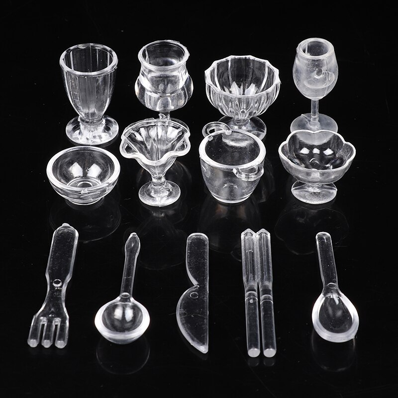 13/17Pcs Mini Transparent Kitchenware Toy Drink Cups Plate Tableware Miniatures