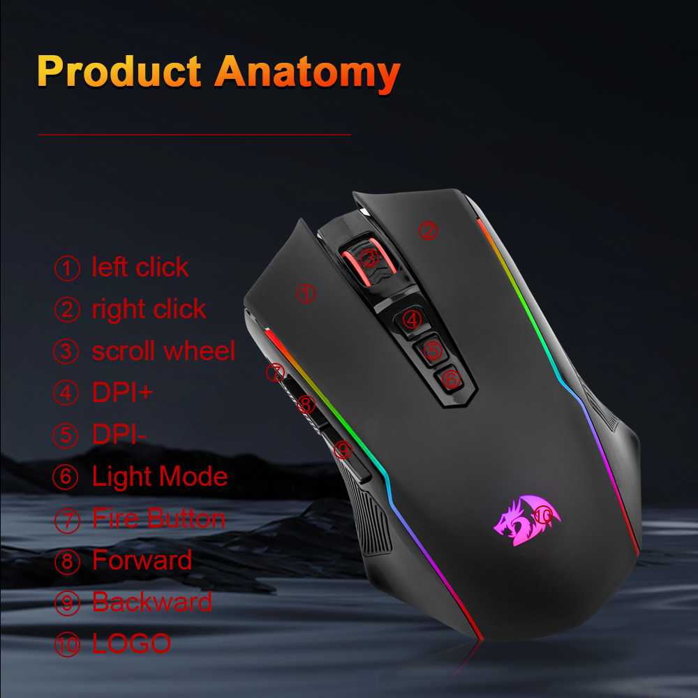 REDRAGON RANGER LITE M910-KS RGB USB 2.4G Draadloze Gaming Muis 8000 DPI 10 knoppen Programmeerbaar voor Computer gamer Muizen laptop