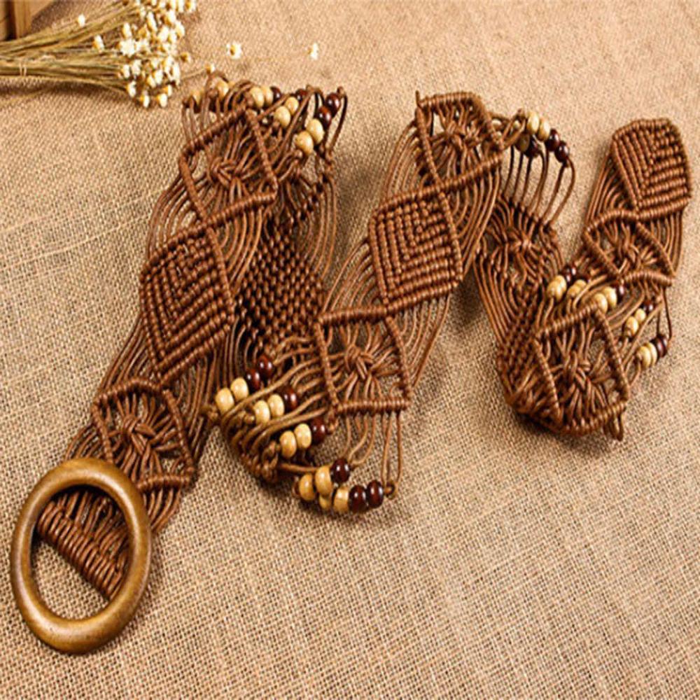 Brand Bohemian style belts for women ladies wooden bead Braided wide knitted belts for female dress: Chocolate
