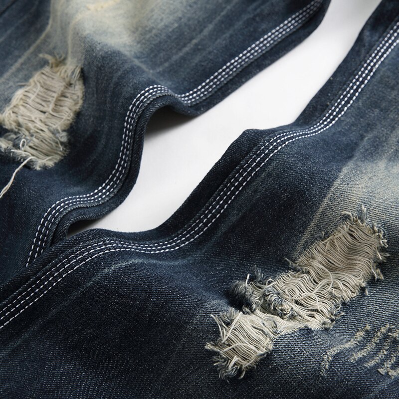 HMILY Ripped Biker Jeans Mens Distressed Denim Pants Man Torn Patches Stretch Jeans Men Blue Color Trousers