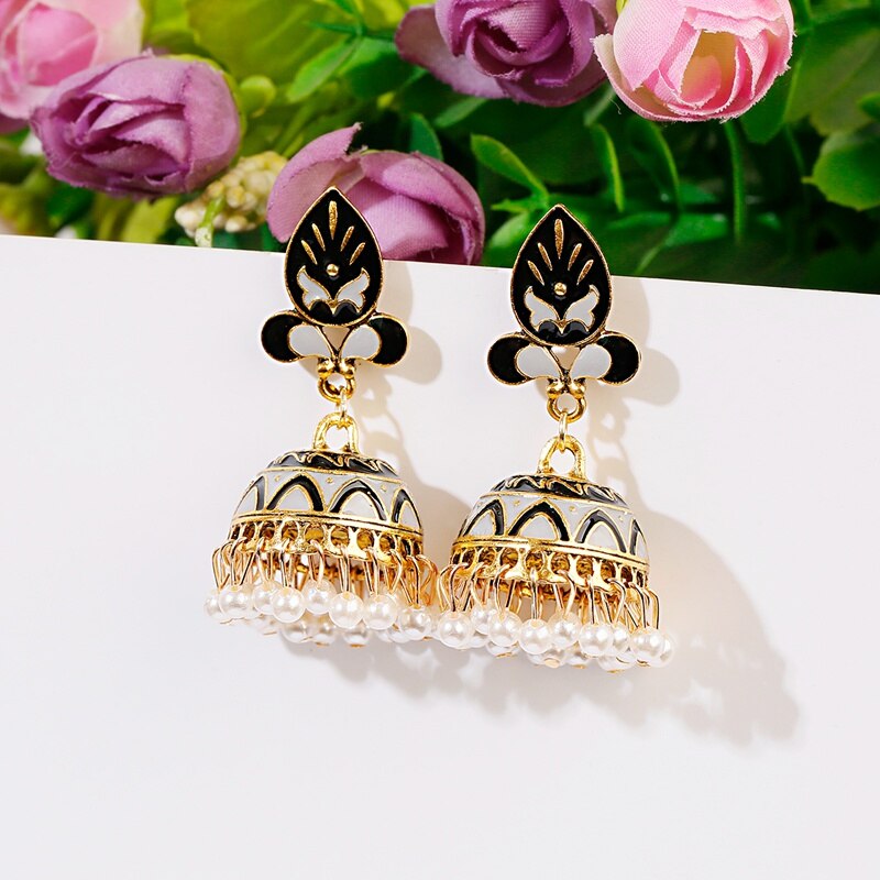 Tophanqi Bollywood Oxidized Big Bell Dangle Earrings For Women Green Leaf Carved White Beads Tassel Indian Jewelry Earring