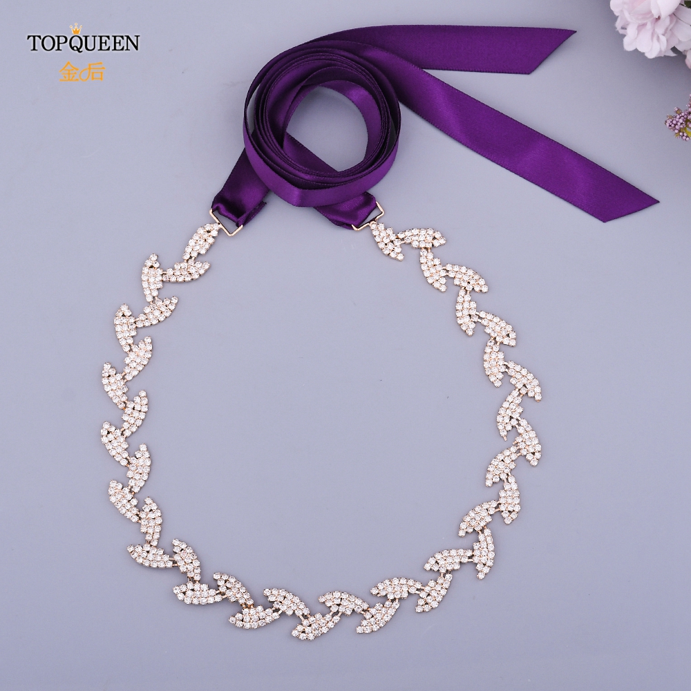 TOPQUEEN S198-G złoty pasek robić sukni ślubnej błyszczące stopu kryształ górski liście skrzydła kobiety diament akcesoria ślubne dla nowożeńców impreza pas: purpurowy faborek