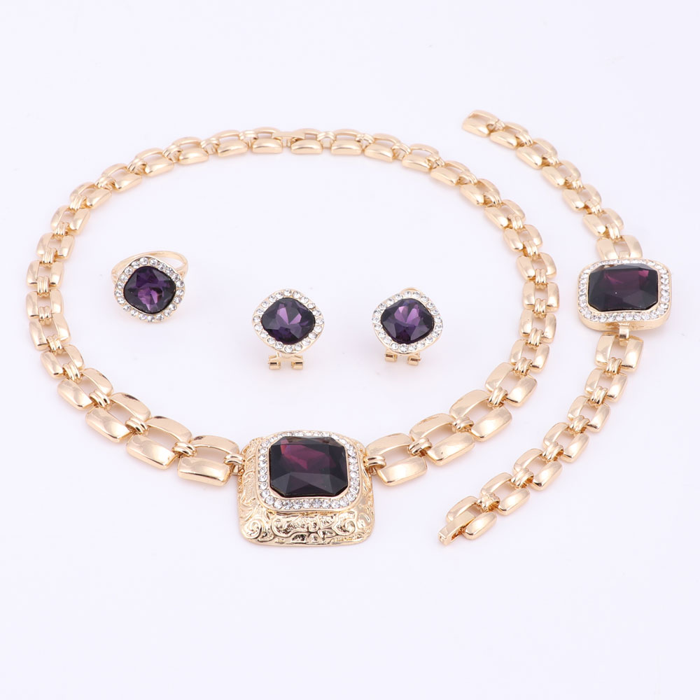 Afrikaanse Kralen Sieraden Sets Voor Vrouwen Jurk Accessoires Goud Kleur Crystal Wedding Bridal Ketting Oorbellen Armband Ring Sets: Purple