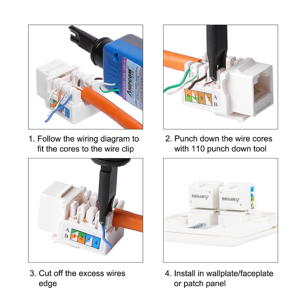 CAT6 Keystone Jack,AMPCOM Snap-in RJ45 Punch-Down Cat.6 Keystone Module Adapter 100/1000 Mbps |UTP|Compatible with CAT.6/CAT.5e
