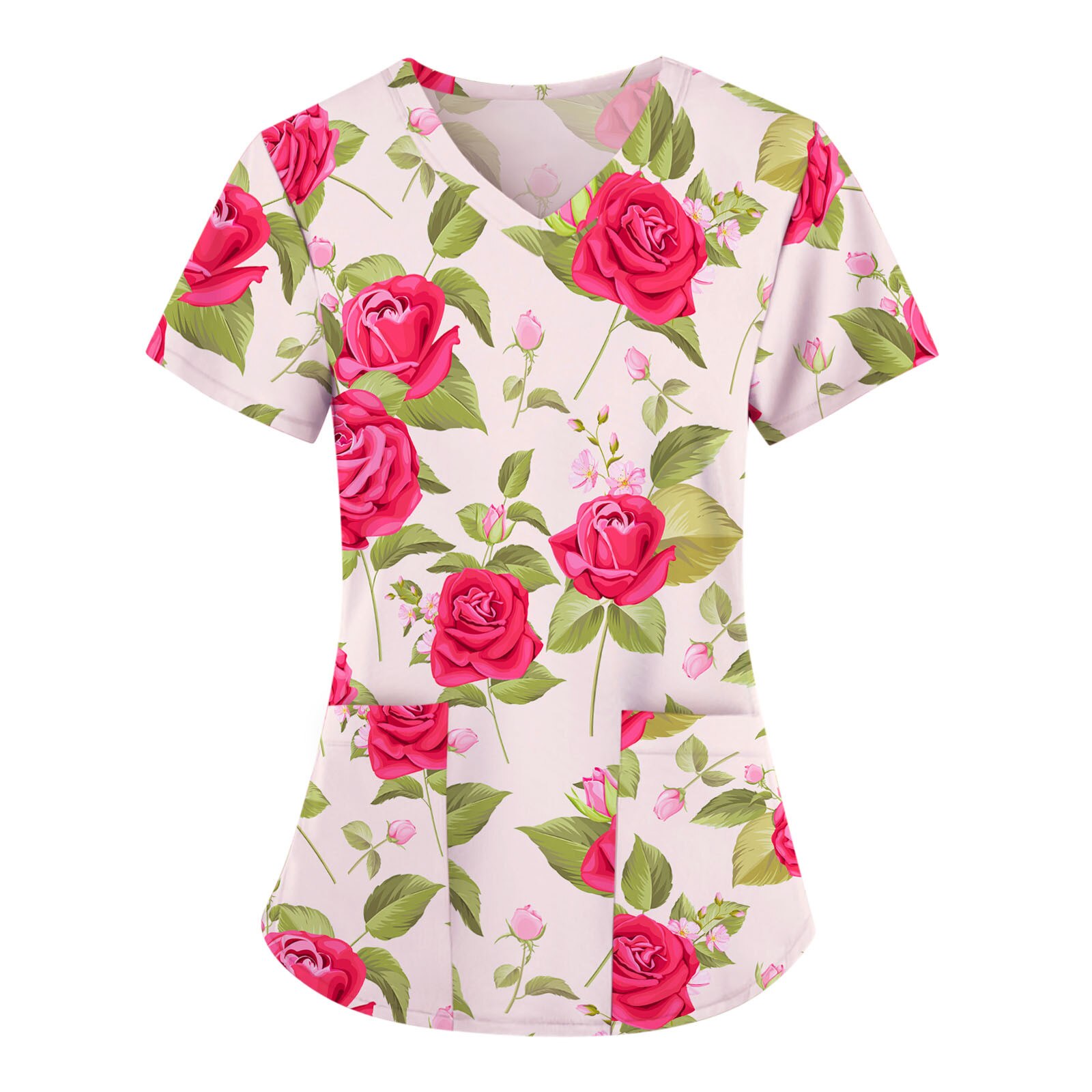 Les femmes Blouse manches courtes col en v clinique vêtements motif Floral hauts avec poche de travail des infirmières uniforme décontracté chemises douces: Hot Pink / XXL