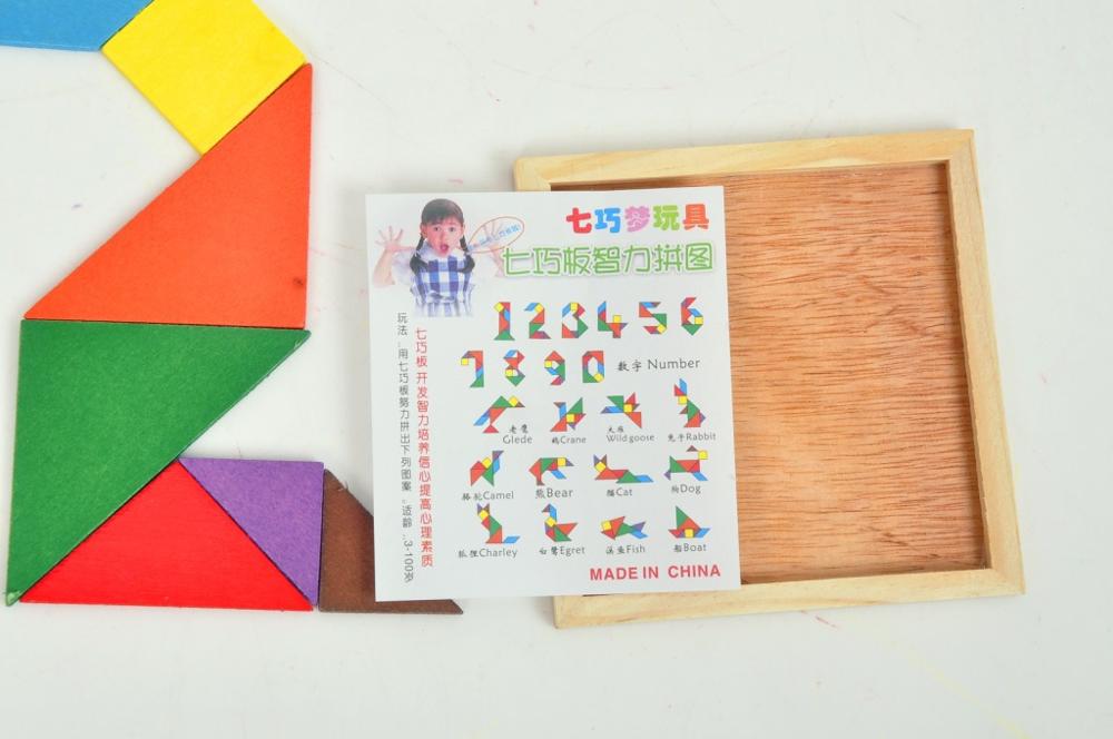 Farverig træ tangram stiksav firkantet blok iq spil intelligent pædagogisk legetøj bedst til børn