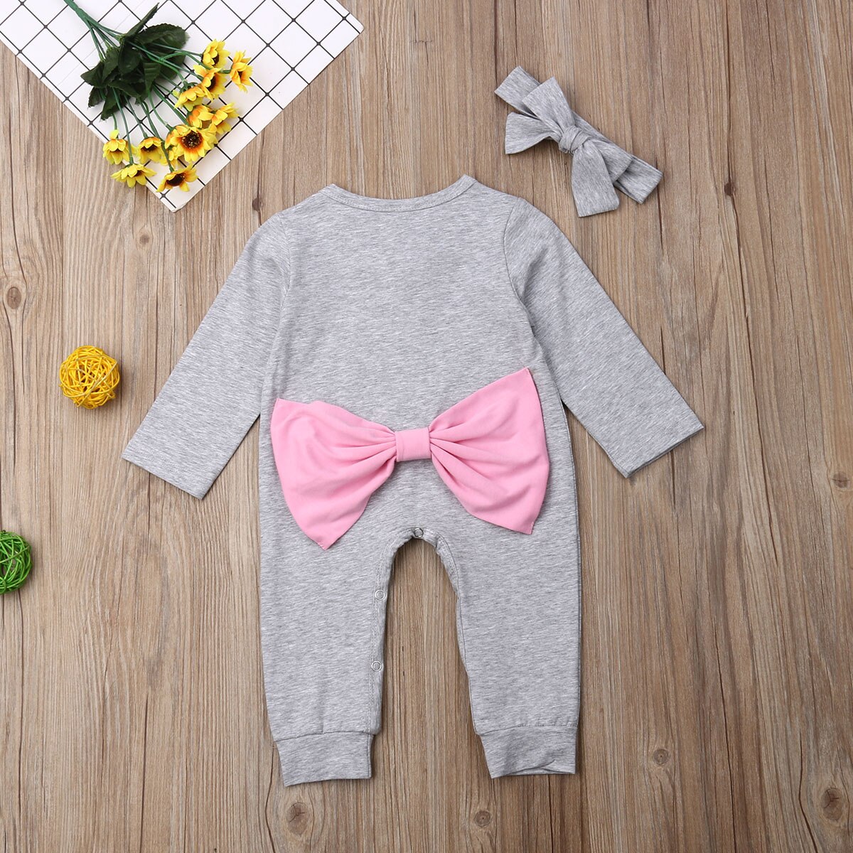 Baby Spring Autumn Clothing 0-24M Infant Baby Girl Boy Long Sleeve Romper Grey Jumpsuits Back Bowknot Headband 2Pcs Clothes