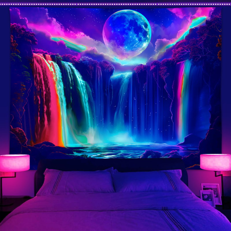 1PC Kleurrijk Waterval UV-reactie tapijt, Maan Nachtelijke Hemel Natuurlijk Landschap Zwart Licht Woondecoratie tapijt: 150X100 CM