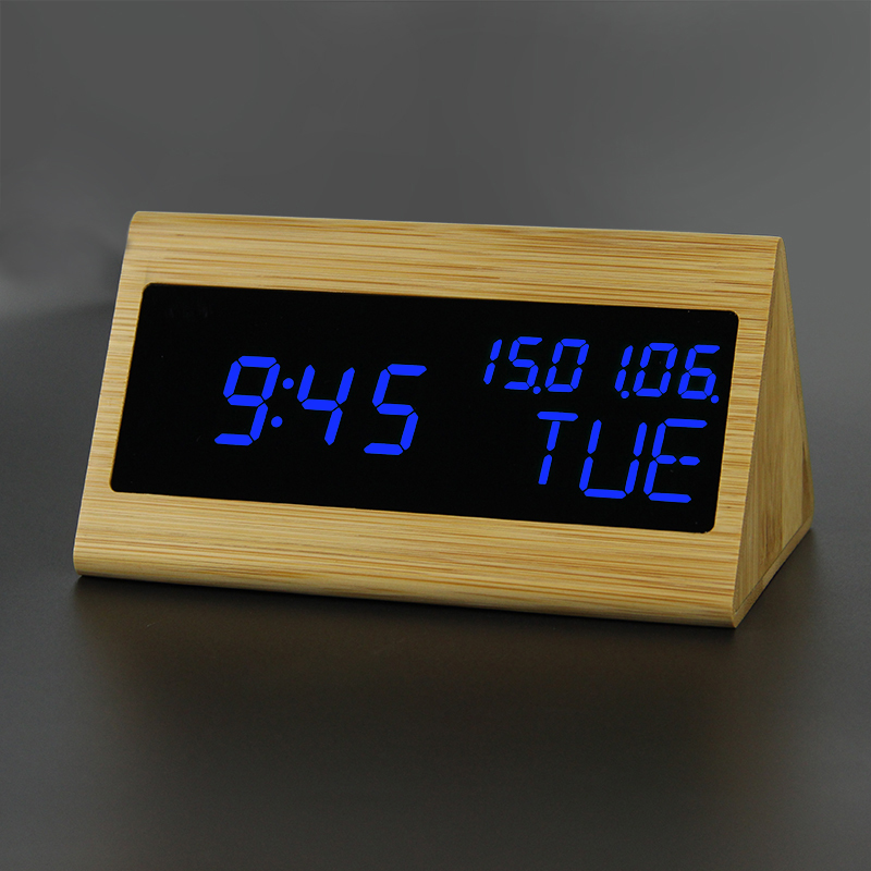 100% Bamboo Digital Alarm Clock Wooden LED Table Clock Electronic Despertador Desk Brightness Voice Snooze Control Temperature: 89-Blue