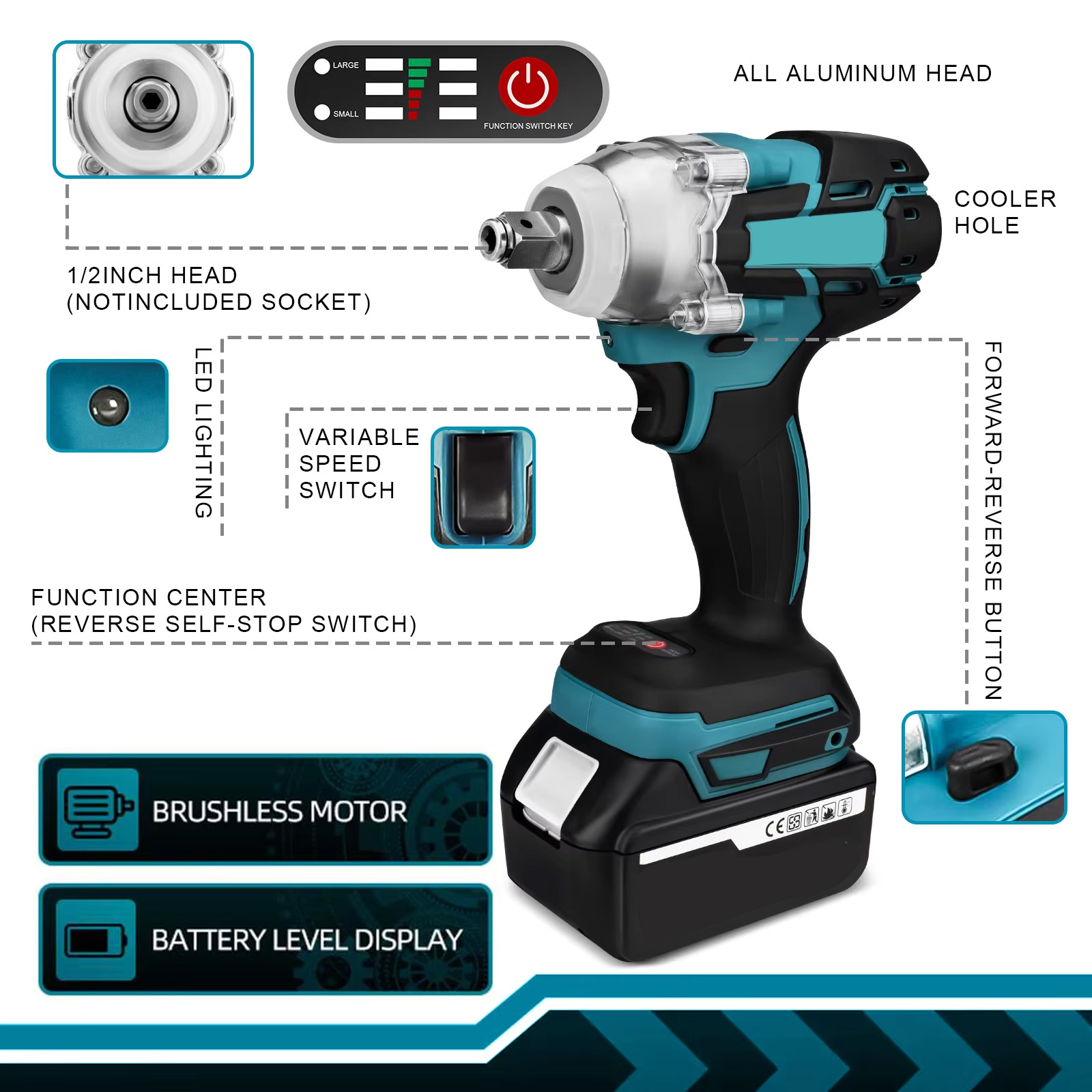520N.M Borstelloze Elektrische Slagmoersleutel Draadloze Elektrische Slagmoersleutel Borstelloze Elektrische Sleutel Handboor Socket Power Tool