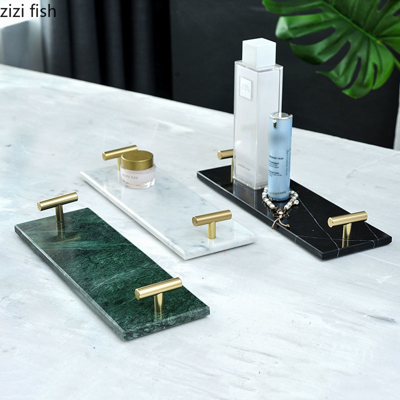 Bandejas de mármol Natural para decoración del hogar, bandeja decorativa con mango dorado, estante para baño, tocador, cosméticos, organizador de joyas