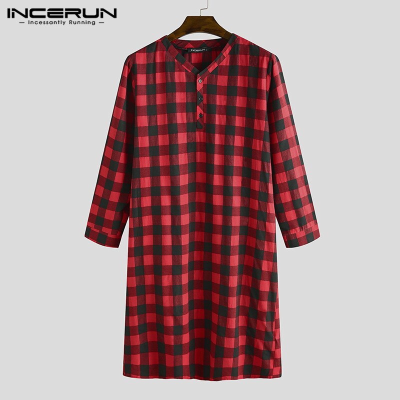 Plaid Men's Sleep Robes Homewear Soft Loose Long Sleeve V Neck Button Long Pajamas Leisure Men Nightgowns S-5XL INCERUN
