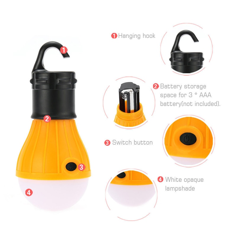 Minilinterna portátil para tienda de campaña, bombilla LED de emergencia, lámpara a prueba de agua, linterna con gancho para colgar para acampar, 4 colores, 3 * AAA