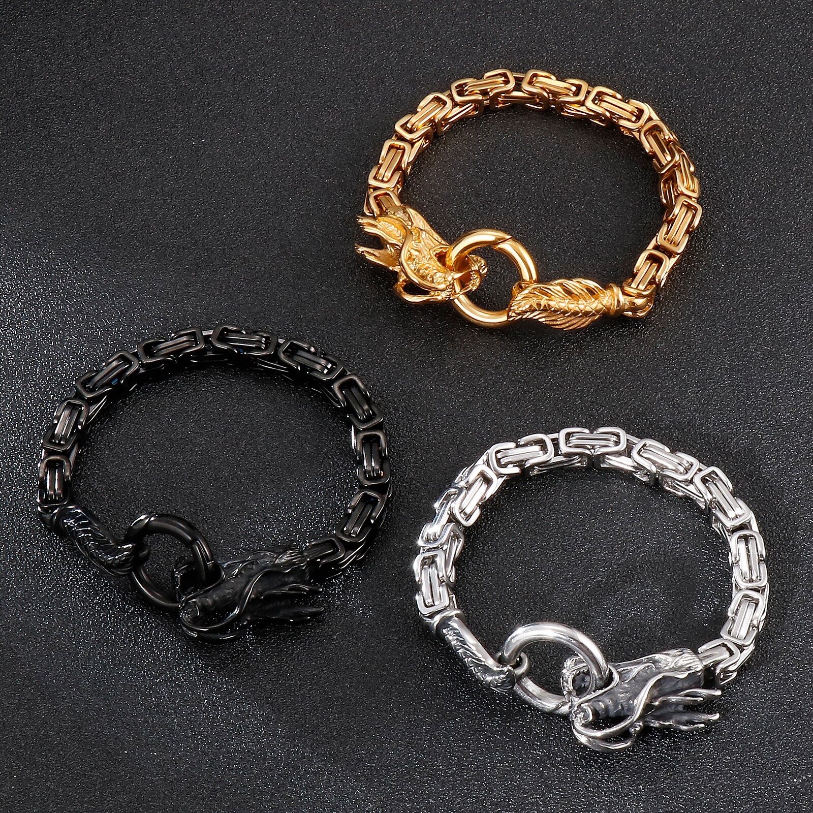 Fongten Drachen Punk Wikinger Schwarz Gold Silber Farbe Edelstahl Kasten Verknüpfung Kette Männer Armbinde Schmuck