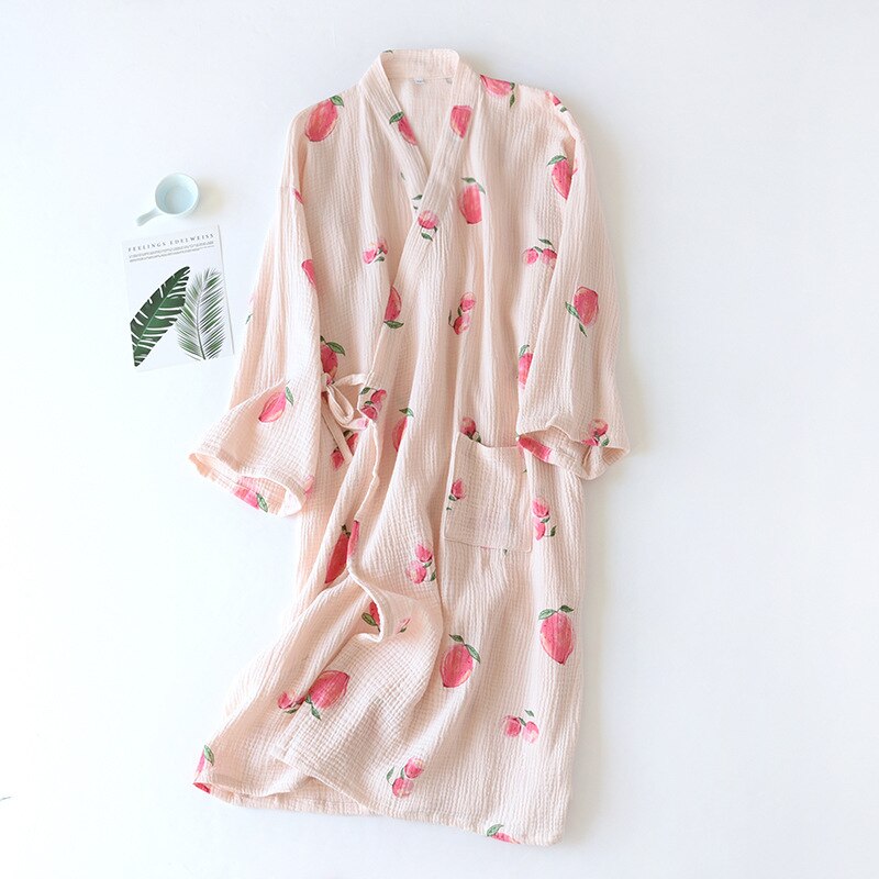Vestido de dormir con estampado de melocotón para mujer, Camisón de algodón de gasa suave, ropa de casa Rosa holgada, bonito dibujo animado, novedad de primavera y otoño