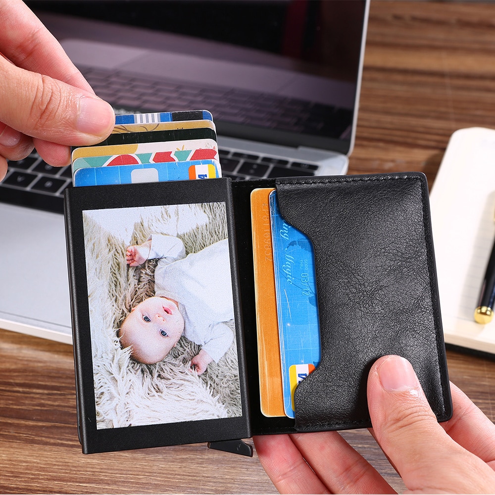 Engraving RFID Card Holder Wallet for Men Credit Card Holder Business Unisex PU Leather Double Layer Cardholder Aluminum Box