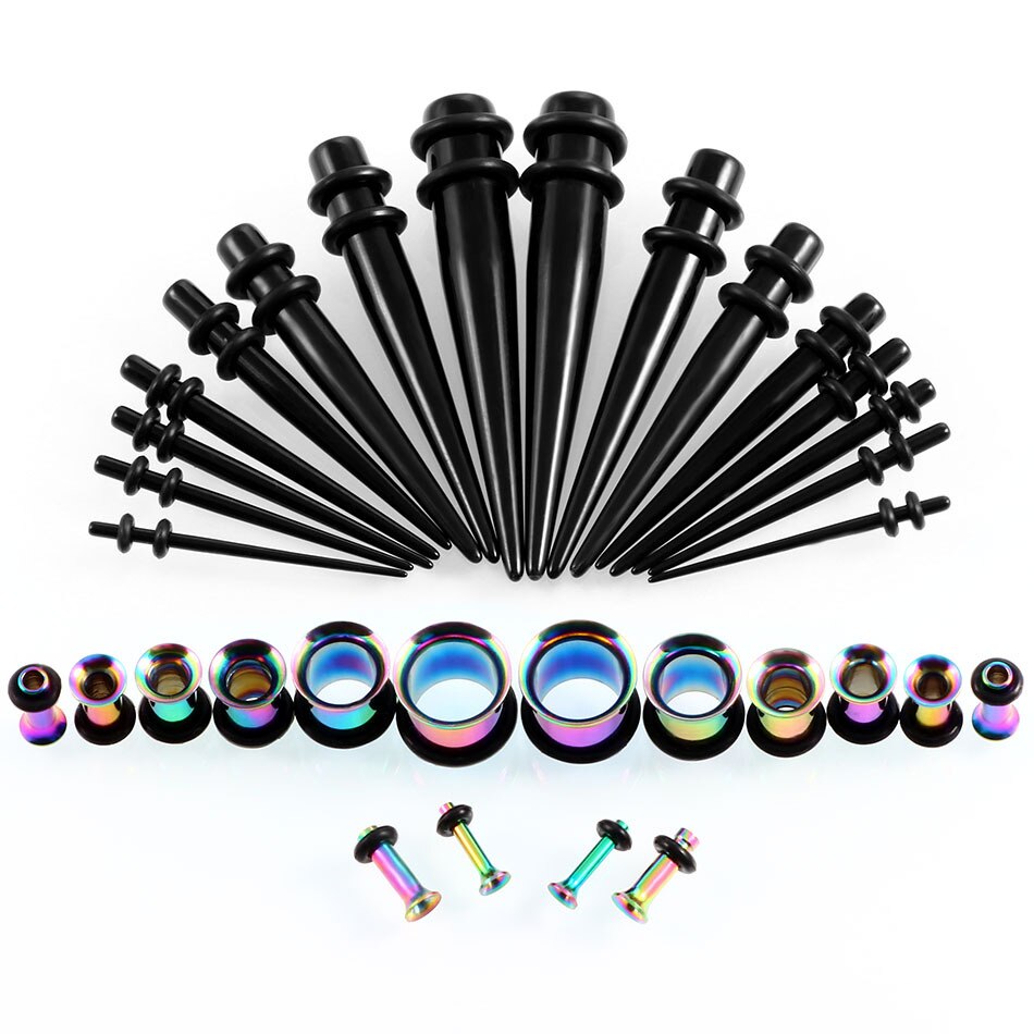 36PCS Ear Gauges Stretching Kit 14-00G Stainless Steel Ear Plugs Tunnels Flesh Tapers Set Stretcher Taper Set Dilataciones Oreja: Black And Rainbow