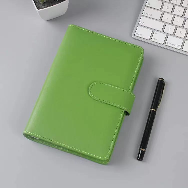 A6 Leather Notebook Binder with Plastic Binder Pockets, Refillable 6 Round Ring A6 Personal Planner Binder Cover with Stickers: green