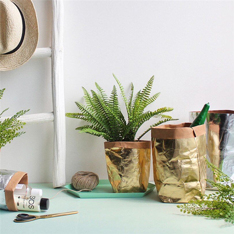 Sacchetto di carta lavabile kraft piante vasi di fiori sacchetti di stoccaggio multifunzione resistenti tutto'usura per la casa riutilizzabile borsa ecologica: oro