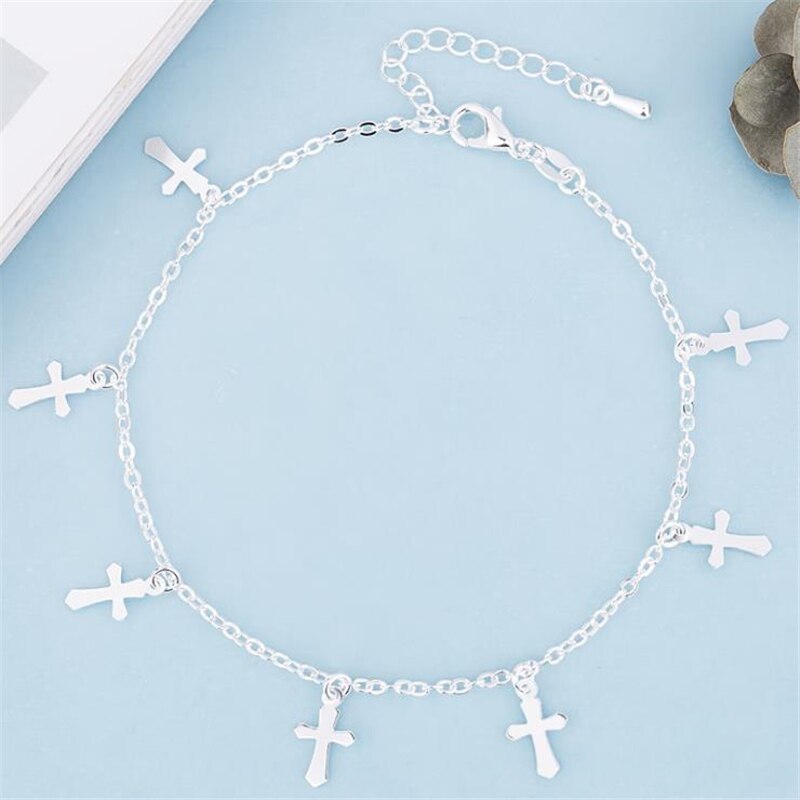 KOFSAC 925 Sterling Silver Anklets For Women Exquisite Cross Pendant Ankles Chain Bracelet Jewelry Girl Party