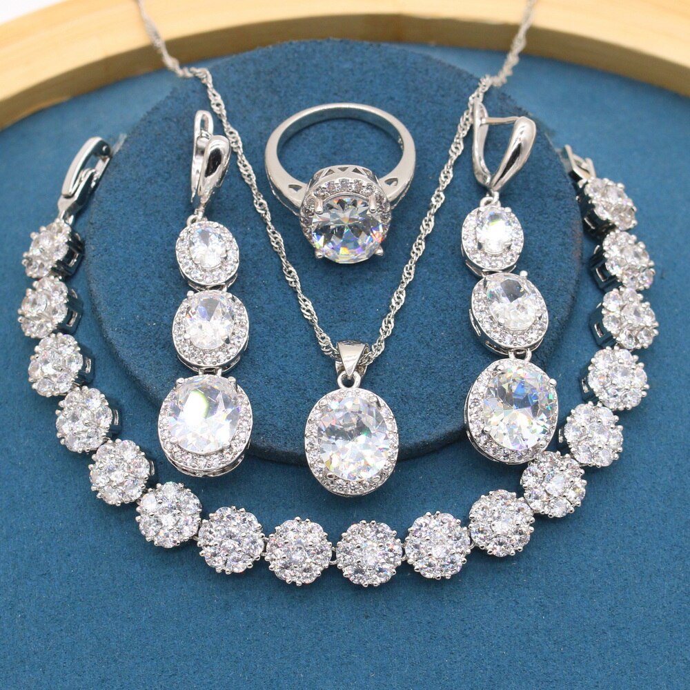 Set di gioielli classici Color argento con zirconi bianchi per bracciale da donna orecchini lunghi collana con ciondolo anello regalo: 4PCS / 10