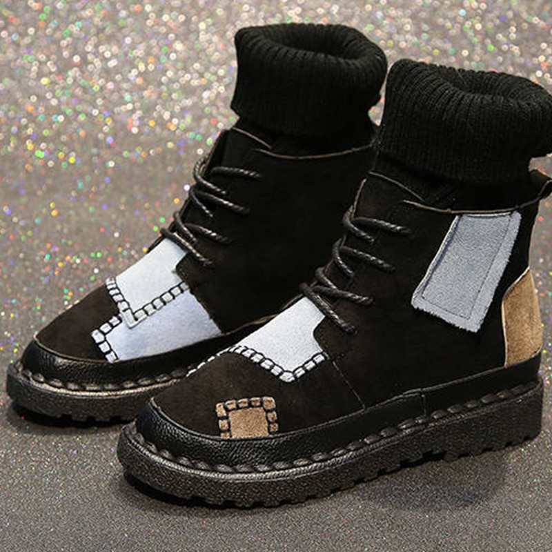 Ankle Boots For Women Sock Boots Patchwork Ladies Casual Platform Flat Woman Warm Plush Female Sewing Shoes