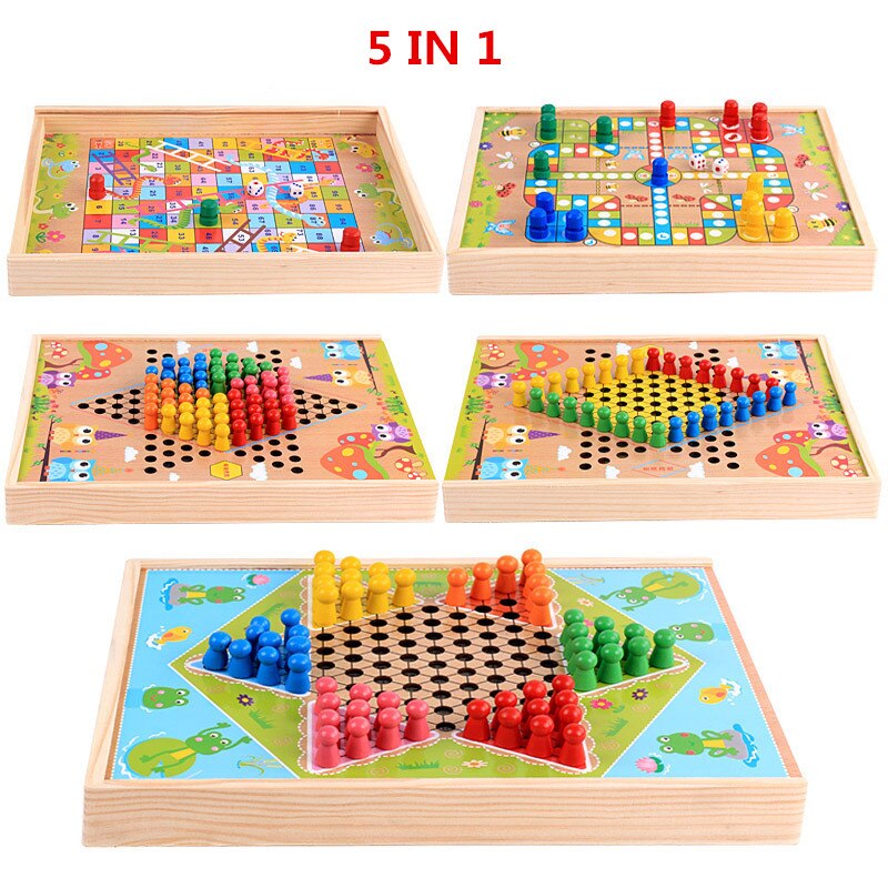 Træ legetøj 3d puslespil alt i en flyvende skak, multifunktion skak træ skak: 5 in 1