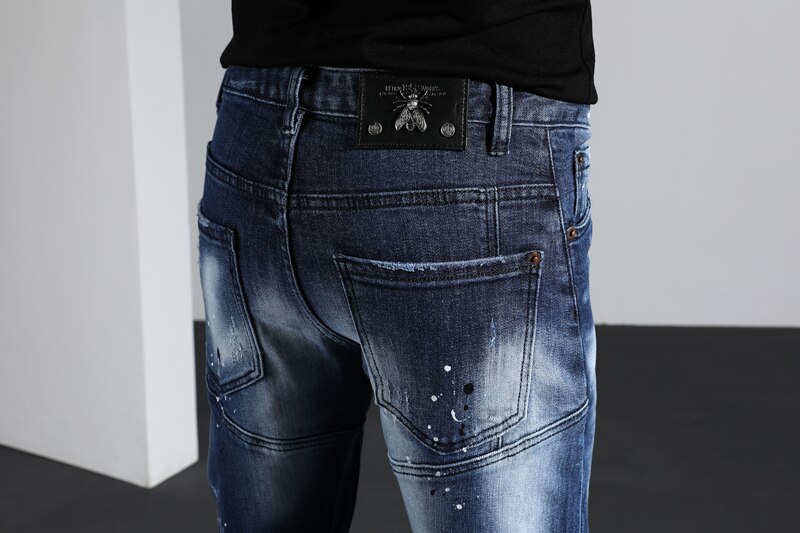 Heren Jeans Ripped Jeans Voor Mannen Gescheurde Geschilderd Skinny Stretch Slanke Broek Lange Broek Borduren Hip Hop Herfst Lente blauw
