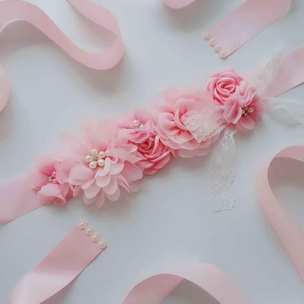 ruban de soie fleur mariée ceintures femme ceinture ceintures en mousseline de soie fleur dentelle nœud papillon accessoires de mariage longue robe: Pink