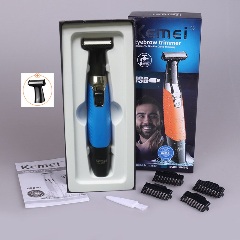 Kemei-Afeitadora eléctrica KM-1910 para hombres, recargable por USB recortador de barba, herramienta de afeitado Facial con una sola hoja, 47D: with box-blade-blue