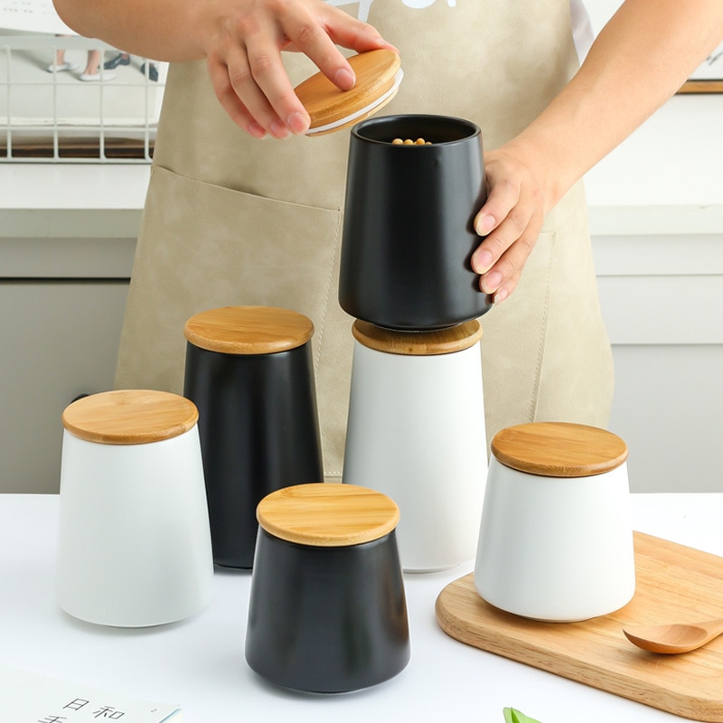 Tarro sellado de cerámica nórdico con tapa, recipientes de almacenamiento de granos variados de cocina, frasco de almacenamiento de alimentos, organizador de café y té