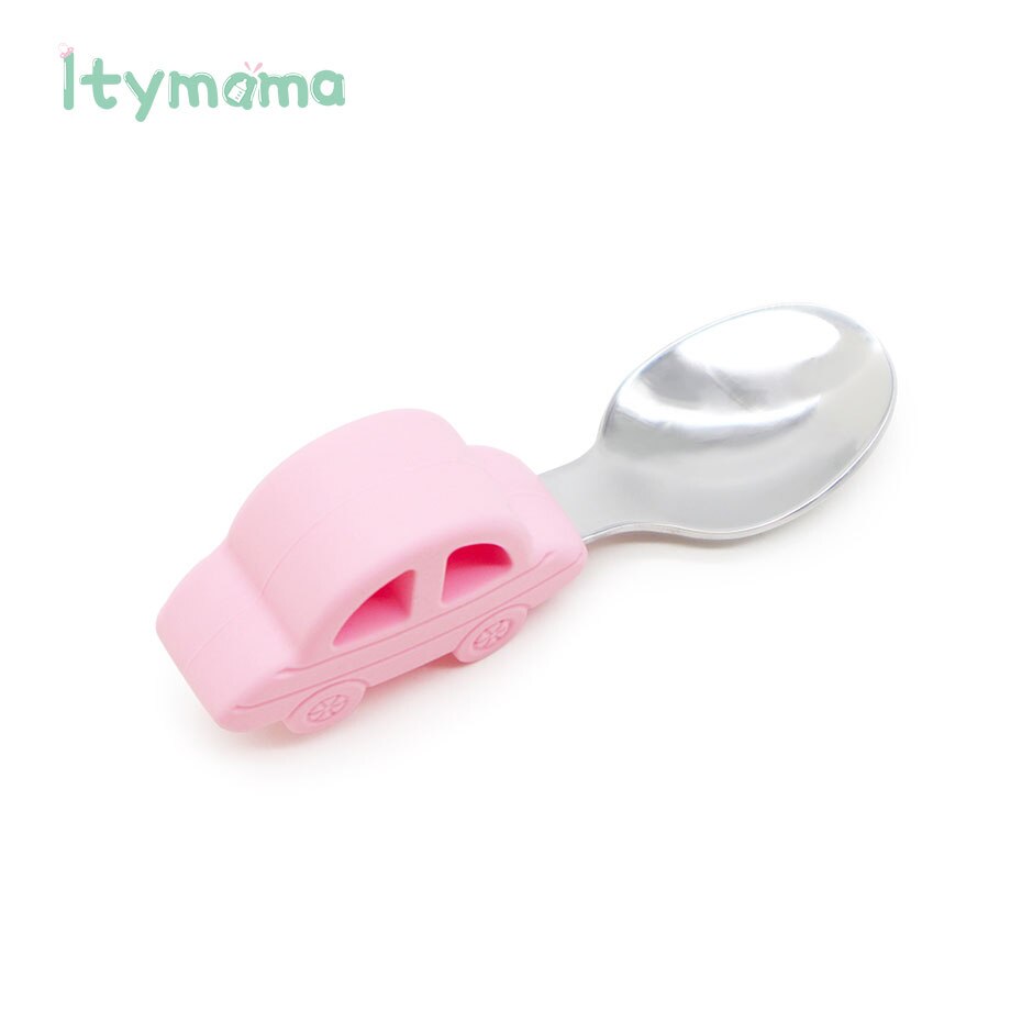 Baby matsked gaffel servis set rostfritt stål baby träning sked bil silikon handtag småbarn servis matningsverktyg: Rosa sked