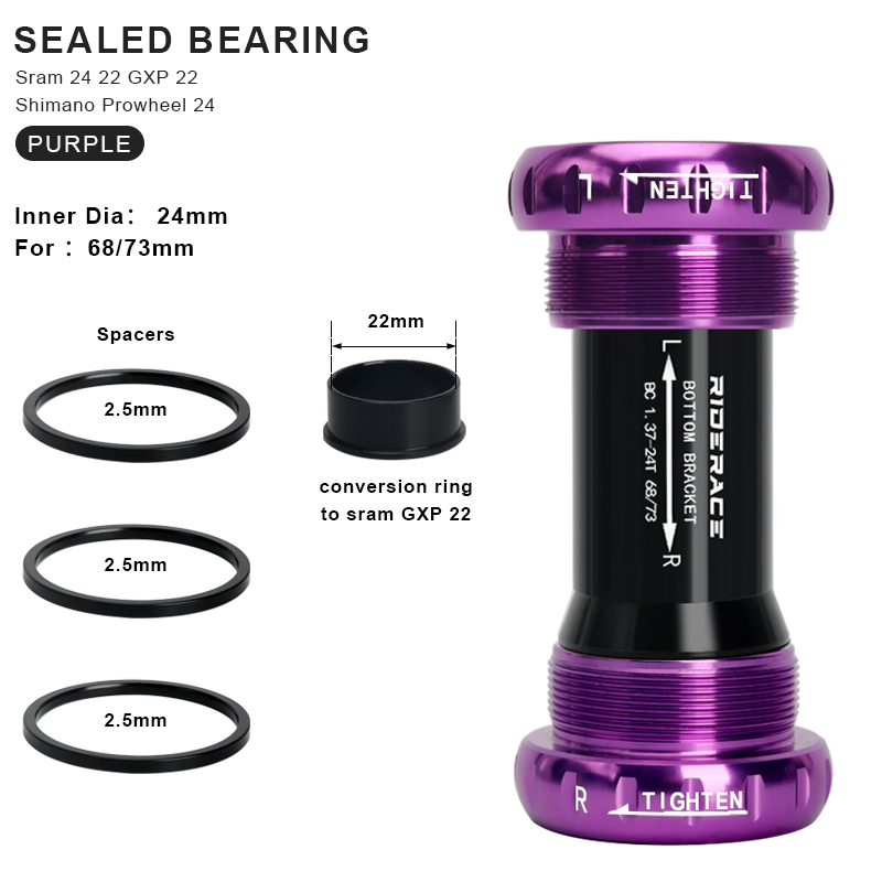 Soporte inferior de bicicleta rodamiento sellado 24 22mm MTB bicicleta de carretera BB68/73 movimiento Central de carro Hollowtech para bielas SRAM GXP: Morado