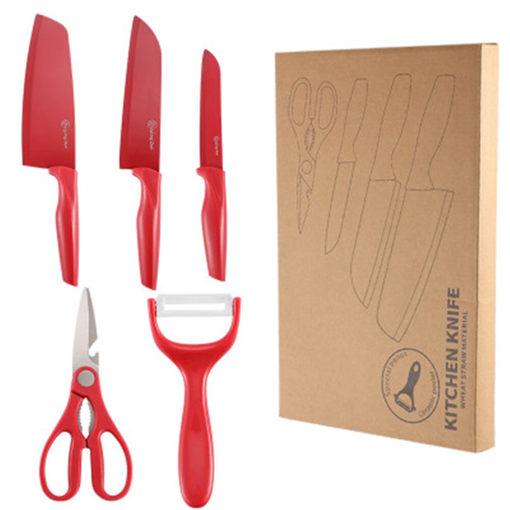 stainless steel kitchen Knife Chef fruits vegetable Exquisite Multi-purpose cleaver durable scissors Slicing Scraper set: red