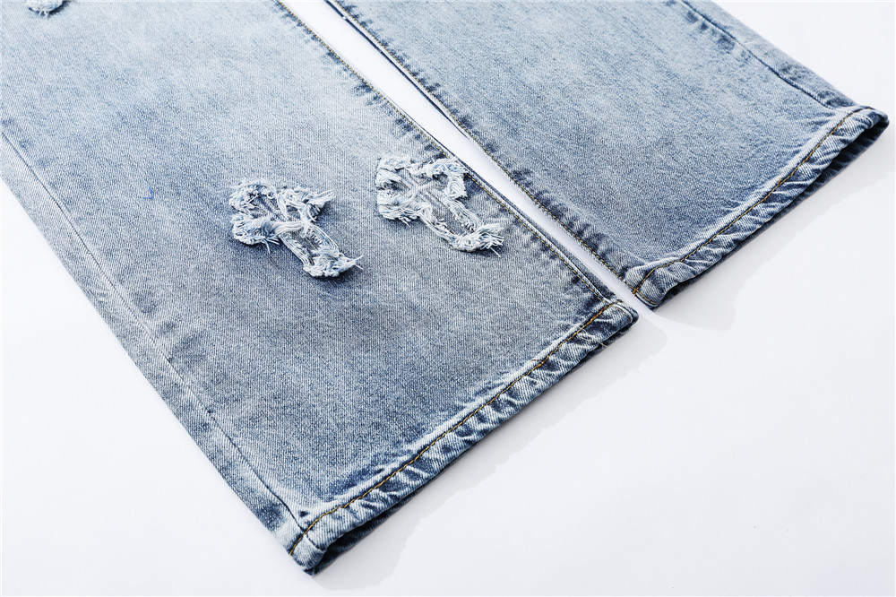 Kreuz Gestickte gewaschen Jeans männer Straße verlieren Gerade Beiläufige Breite Bein Jeans