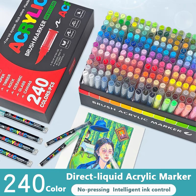 12-240 Colors Direct-liquid Acrylic Marker Paint Brush Marker Pens for Rock Painting Stone Ceramic Glass Art Supplies Stationery