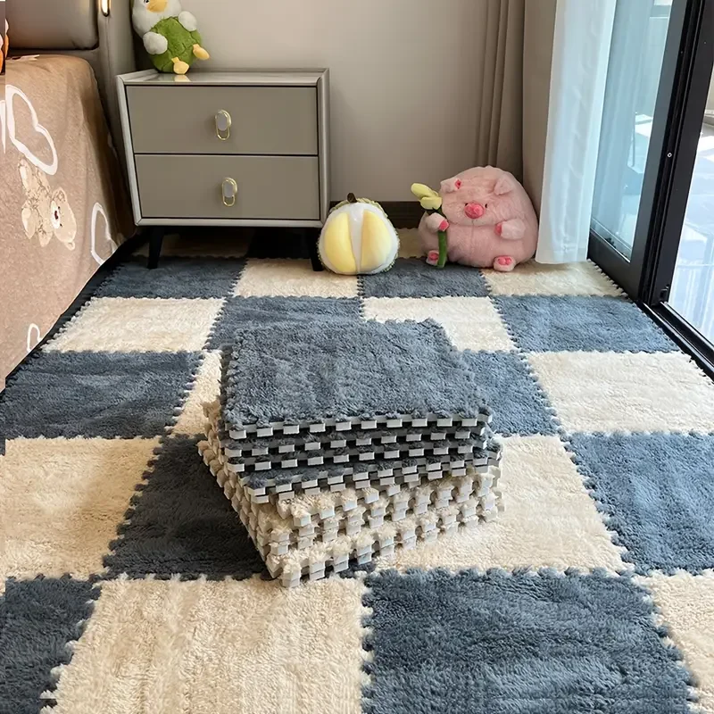 Soft Fluffy Puzzle Foam Floor Mat-Interlocking Square Play Mat Tiles for Kids Baby Nursery,Non-Slip Carpet Rug bedroom rug