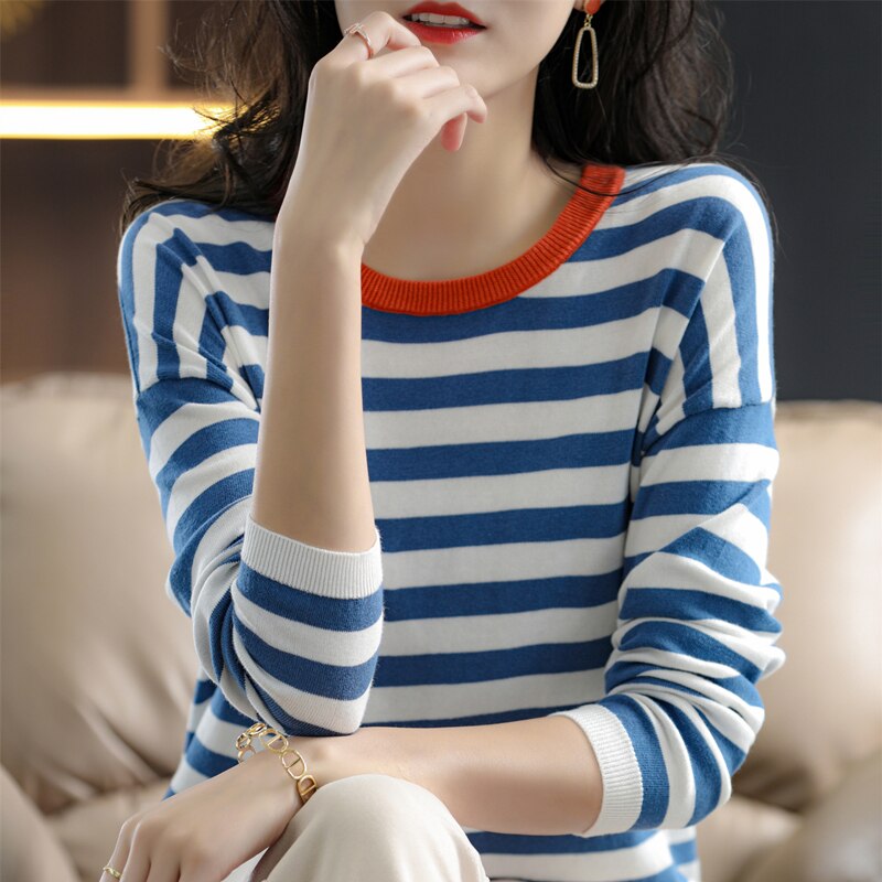 Camisa feminina de assentamento de malha listrada, puro algodão com gola redonda, solta e fina, combina com tudo, nova, primavera e outono