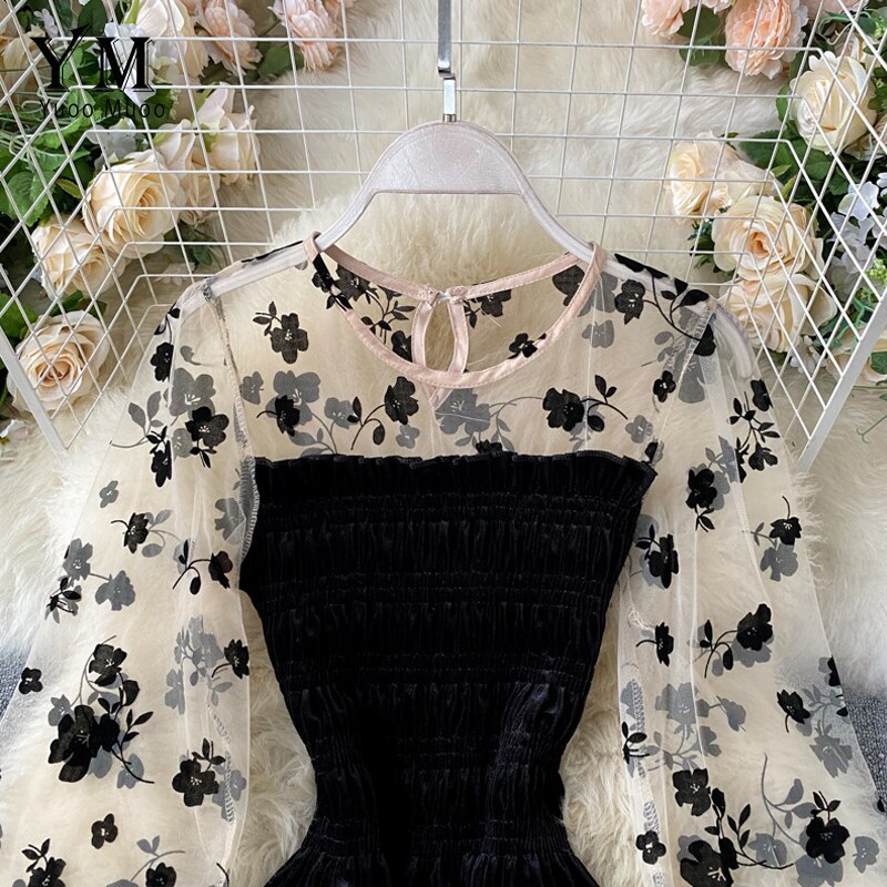 Yuoomuoo ranskalainen vintage naiset sametti musta juhlamekko syksy talvi mesh puff hiha midi pitkä mekko naisten mekot