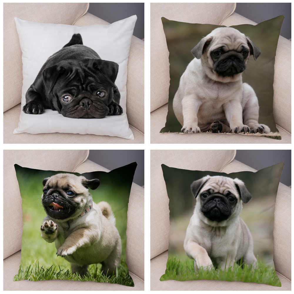 Housse de coussin carlin mignonne, oreiller décoratif imprimé pour animaux de compagnie, pour voiture, canapé, maison, en Polyester