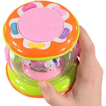 Lysende legetøjsfortæller tromle-roterbar monteret fuzzy davulcuk