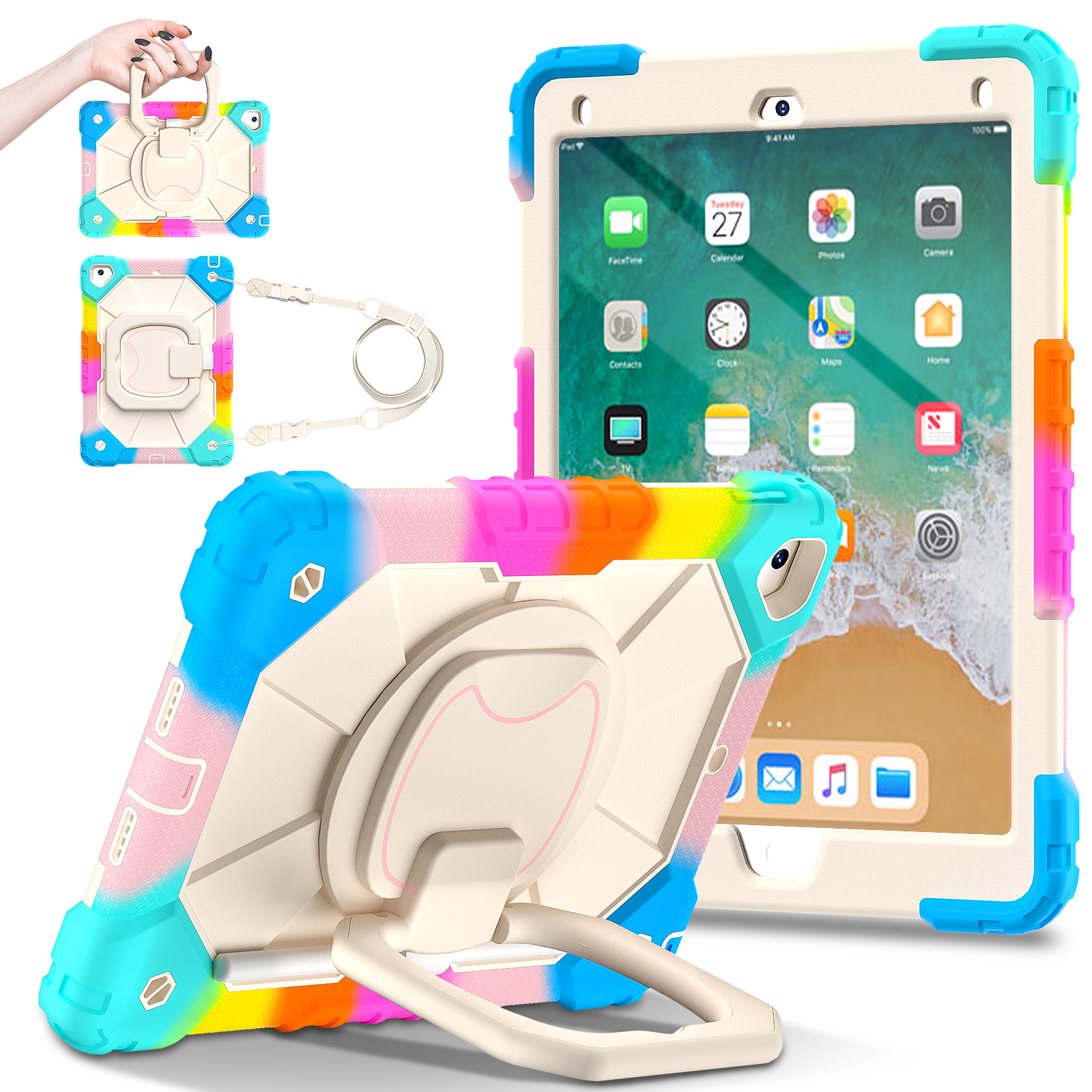 Roterande kraftigt fodral för ipad 5 6 7 air 1 2 pro 9.7 5th 6th gen stativskydd med handtag och axelrem: Elva / Guld-