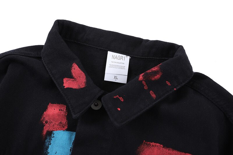 Originele Verf Gedrukt Graffiti Mannen Zwart Denim Jasje Hiphop Streetwear Mannen Casual Denim Jeans Jas